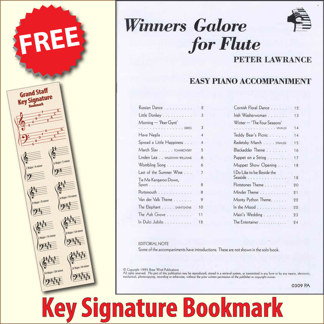 front cover of Winners Galore Piano Accompaniment for Flute together with free Grand Staff bookmark