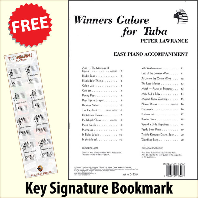 front cover of Winners Galore Piano Accompaniment for Tuba / Eb Bass together with free Piano Clef bookmark