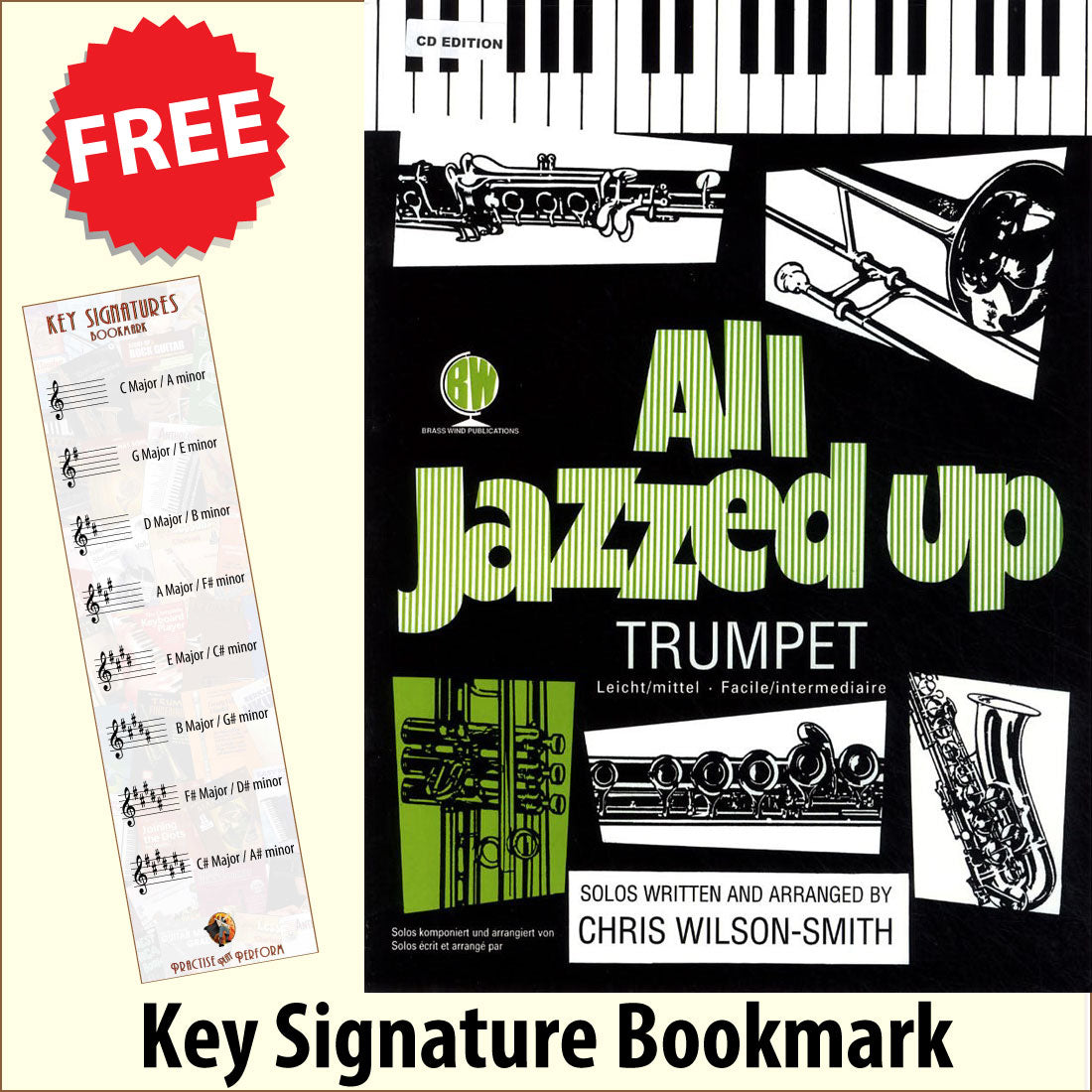 front cover of All Jazzed Up for Trumpet Book/CD together with free Treble Clef bookmark