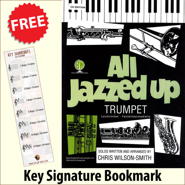 front cover of All Jazzed Up for Trumpet Book/CD together with free Treble Clef bookmark