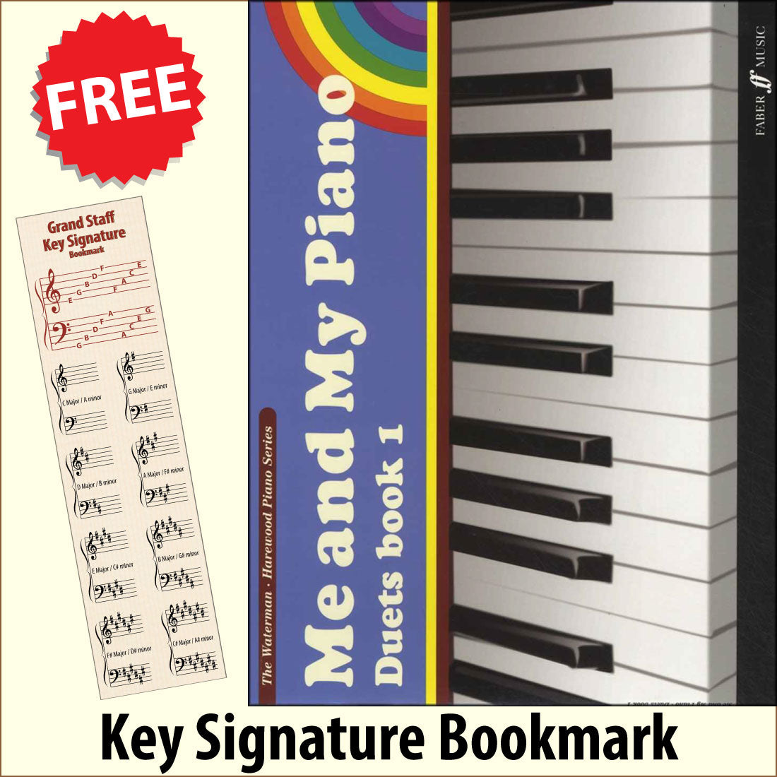 front cover of Me and My Piano Duets Book 1 together with free Piano Clef bookmark