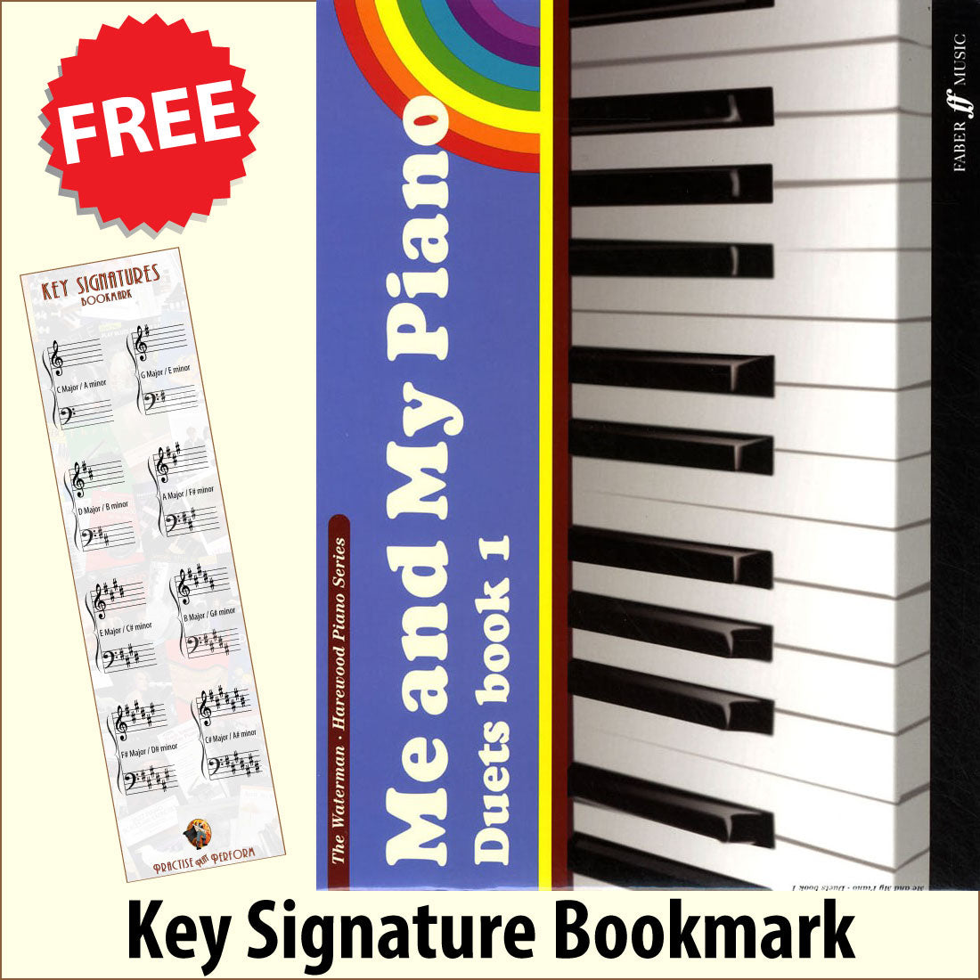 front cover of Me and My Piano Duets Book 1 together with free Piano Clef bookmark