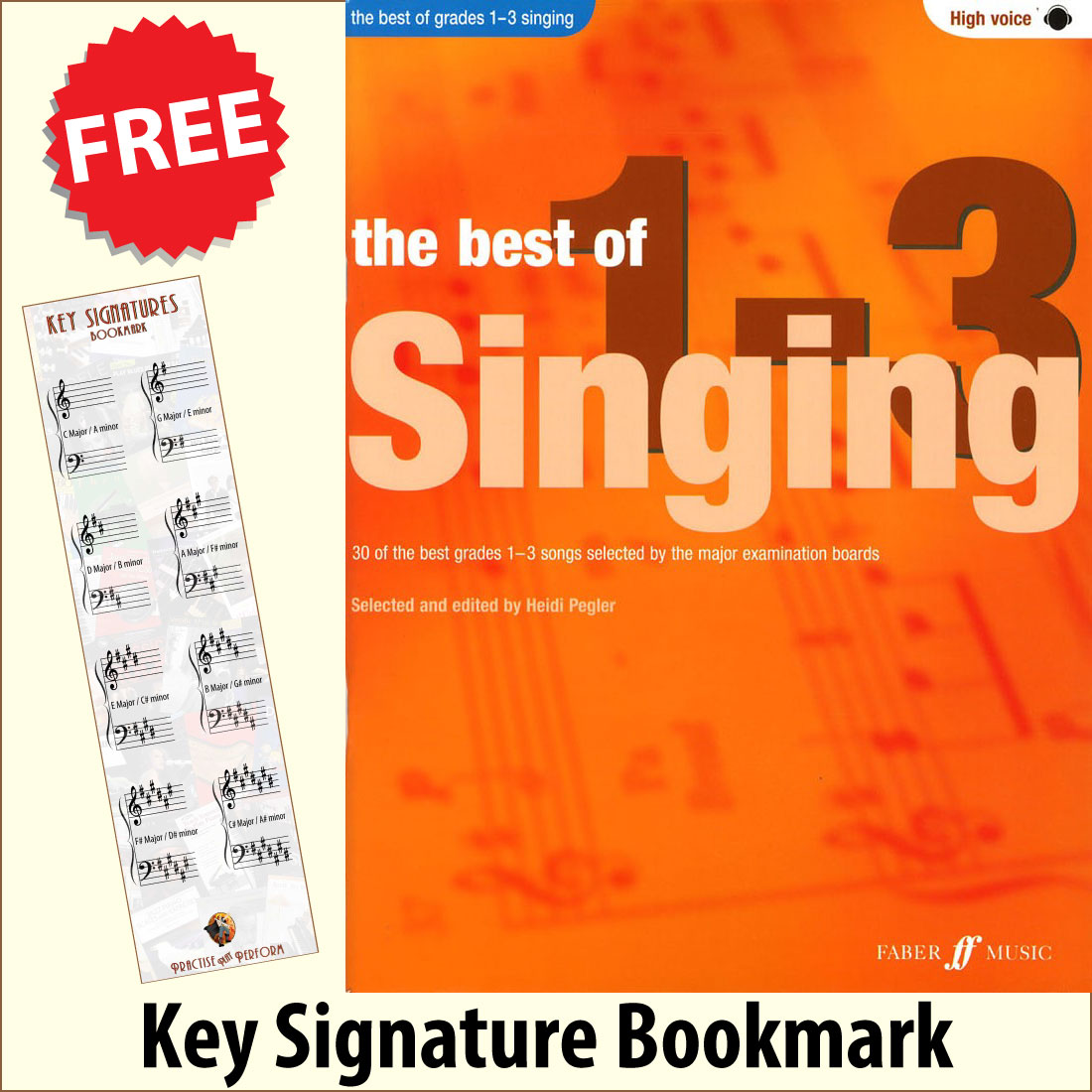front cover of The Best of Grades 1-3 Singing High Voice Book/Audio by Heidi Pegler together with free Grand Staff bookmark