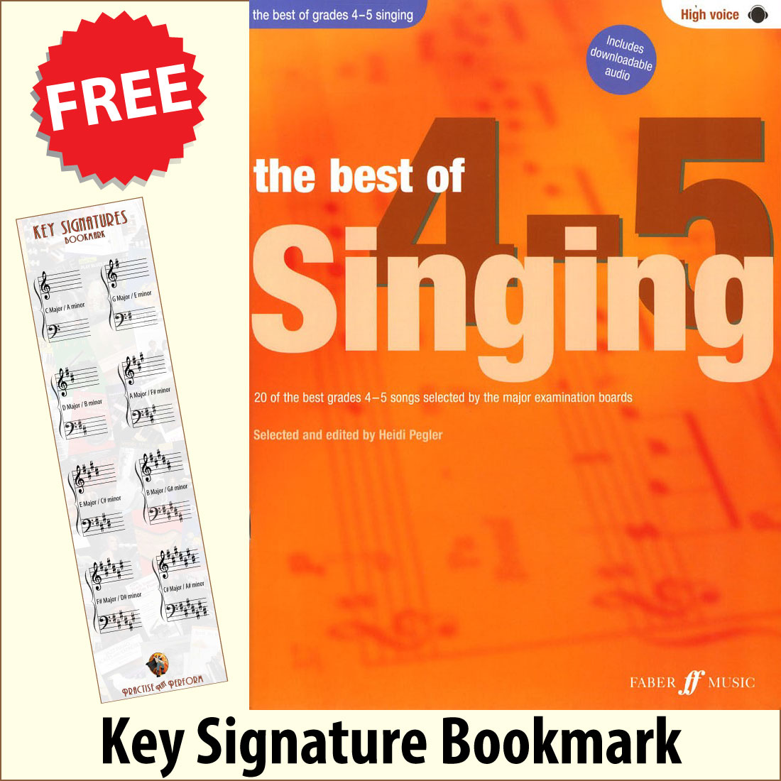 front cover of The Best of Grades 4-5 Singing High Voice Book/Audio by Heidi Pegler together with free Grand Staff bookmark