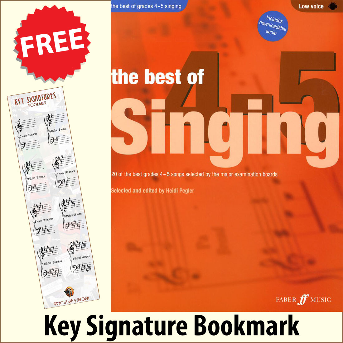 front cover of The Best of Grades 4-5 Singing Low Voice Book/Audio by Heidi Pegler together with free Grand Staff bookmark