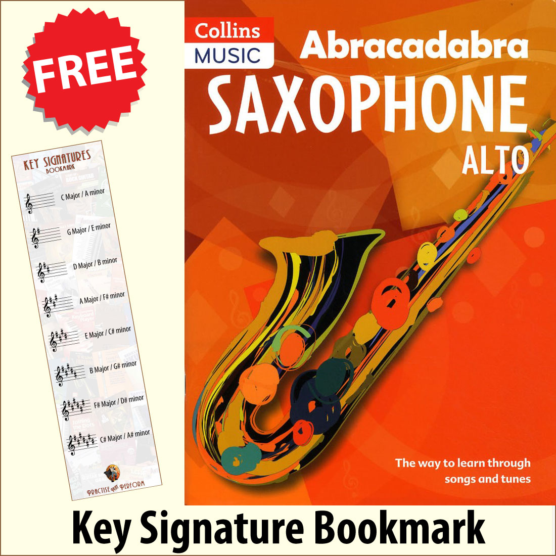 front cover of Abracadabra Saxophone together with free Treble Clef bookmark