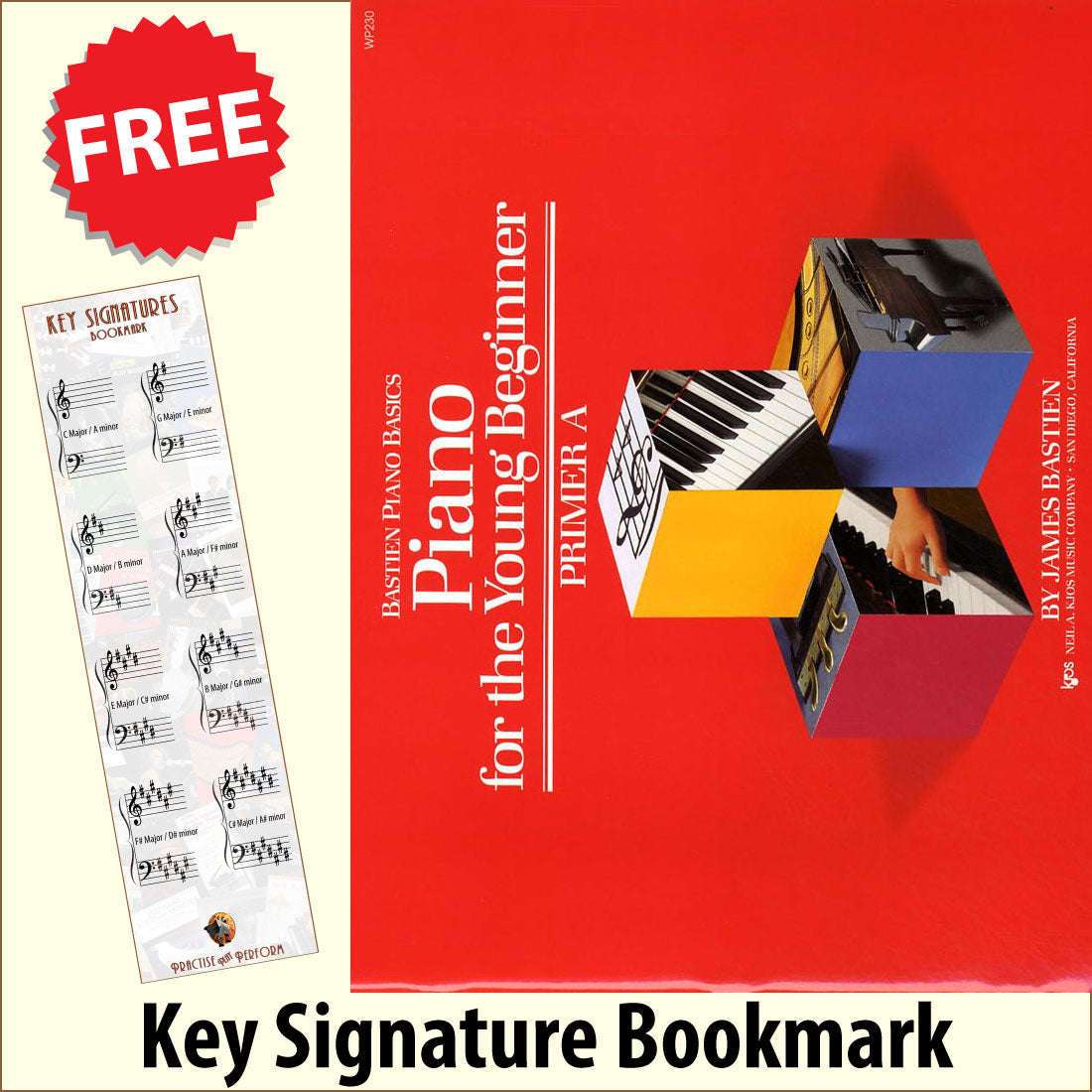 front cover of Bastien Piano Basics Piano for the Young Beginner Primer A together with free Piano Clef bookmark