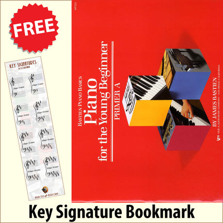 front cover of Bastien Piano Basics Piano for the Young Beginner Primer A together with free Piano Clef bookmark