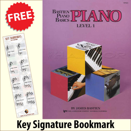 front cover of Bastien Piano Basics Piano Level 1 together with free Piano Clef bookmark