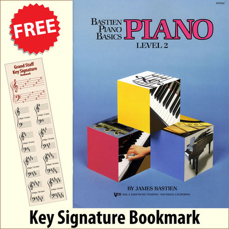 front cover of Bastien Piano Basics Piano Level 2 together with free Piano Clef bookmark