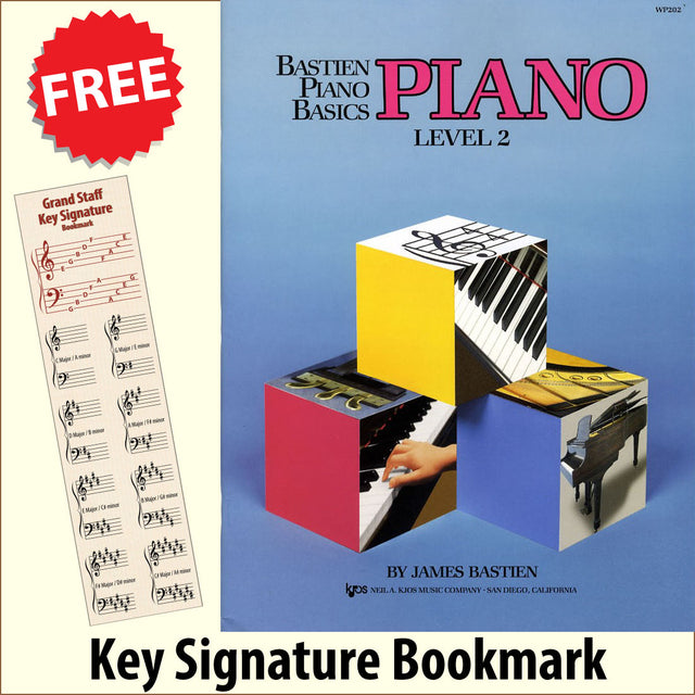 front cover of Bastien Piano Basics Piano Level 2 together with free Piano Clef bookmark