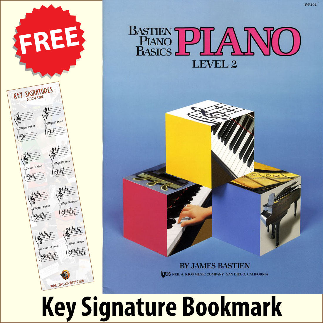 front cover of Bastien Piano Basics Piano Level 2 together with free Piano Clef bookmark