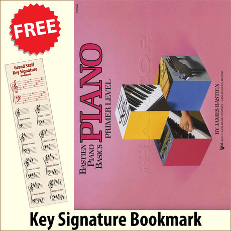 front cover of Bastien Piano Basics Piano Primer Level together with free Piano Clef bookmark