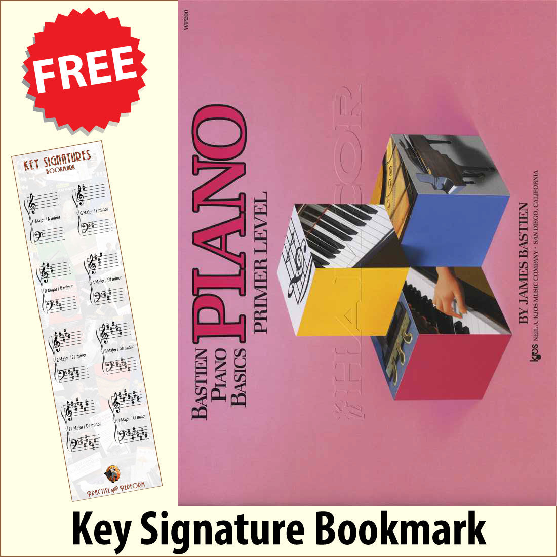 front cover of Bastien Piano Basics Piano Primer Level together with free Piano Clef bookmark