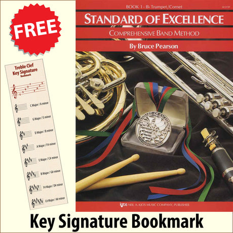 front cover of Standard of Excellence Trumpet/Cornet Book 1 together with free Treble Clef bookmark