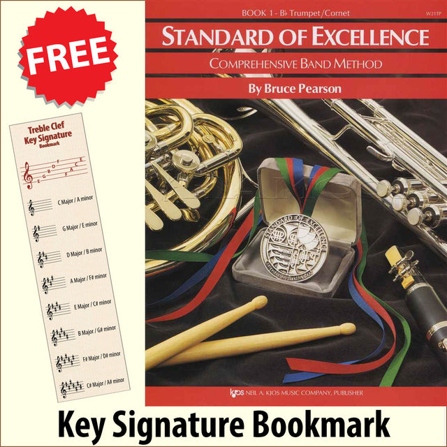 front cover of Standard of Excellence Trumpet/Cornet Book 1 together with free Treble Clef bookmark