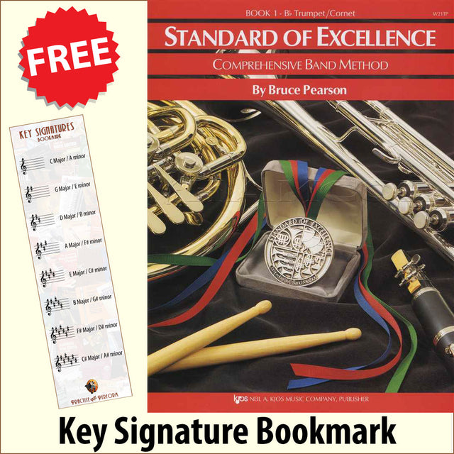 front cover of Standard of Excellence Trumpet/Cornet Book 1 together with free Treble Clef bookmark