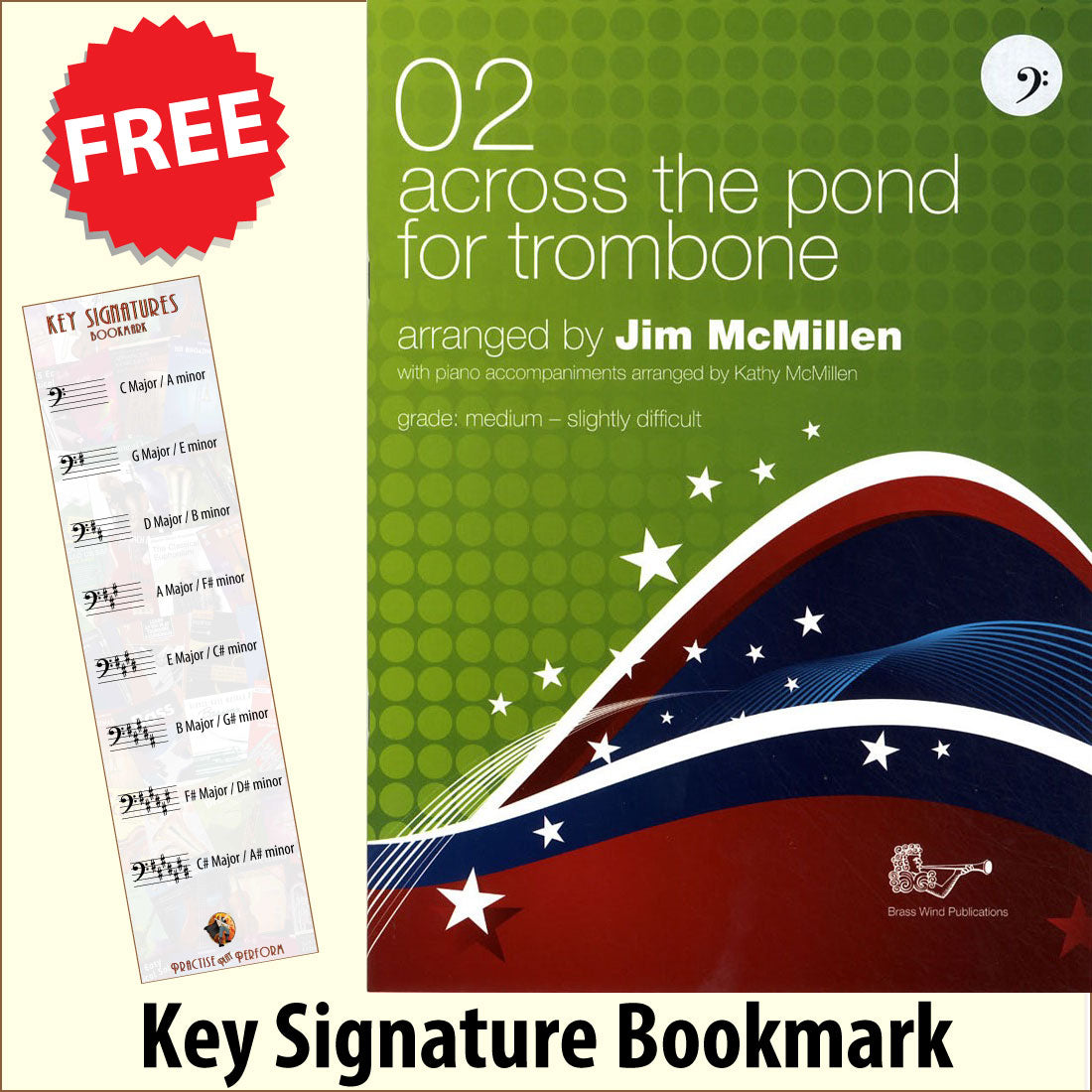 front cover of Across the Pond 2 for Trombone Bass Clef Book Only by Jim McMillen together with free Bass Glef bookmark