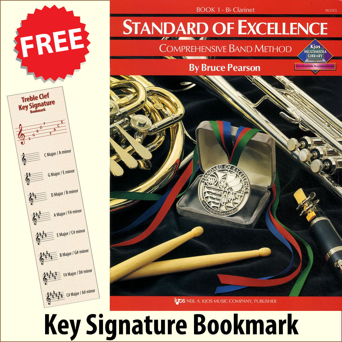 front cover of Standard of Excellence Clarinet Book 1 together with free Treble Clef bookmark