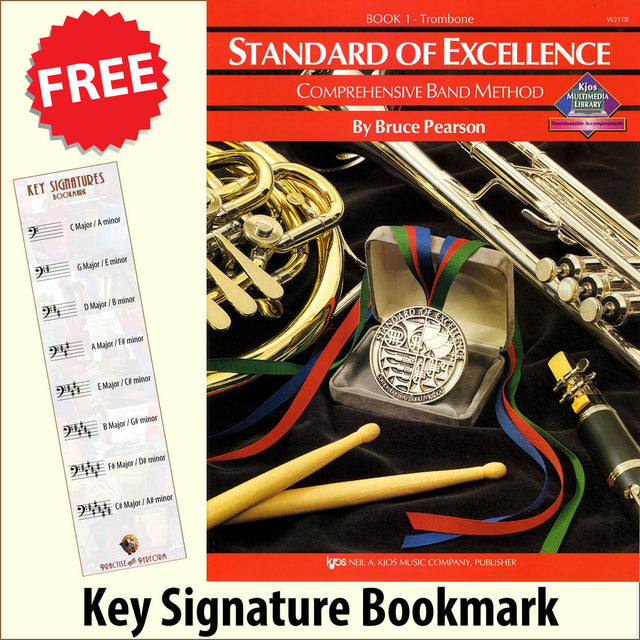 front cover of Standard of Excellence Trombone Bass Clef Book 1 together with free Bass Glef bookmark