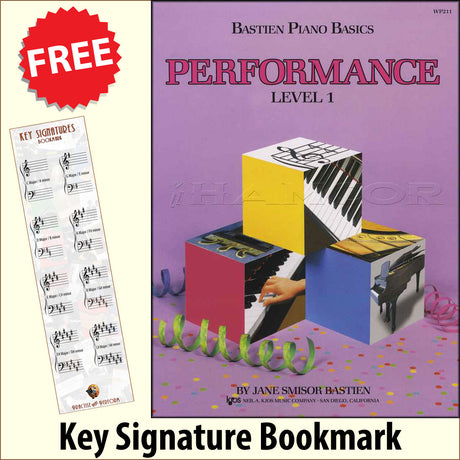 front cover of Bastien Piano Basics Performance Level 1 together with free Piano Clef bookmark