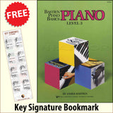 front cover of Bastien Piano Basics Piano Level 3 together with free Piano Clef bookmark