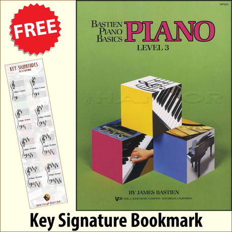 front cover of Bastien Piano Basics Piano Level 3 together with free Piano Clef bookmark