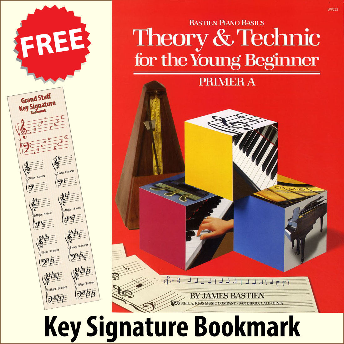 front cover of Bastien Piano Basics Theory & Technique for the Young Beginner Primer A together with free Piano Clef bookmark