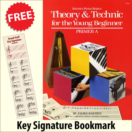 front cover of Bastien Piano Basics Theory & Technique for the Young Beginner Primer A together with free Piano Clef bookmark