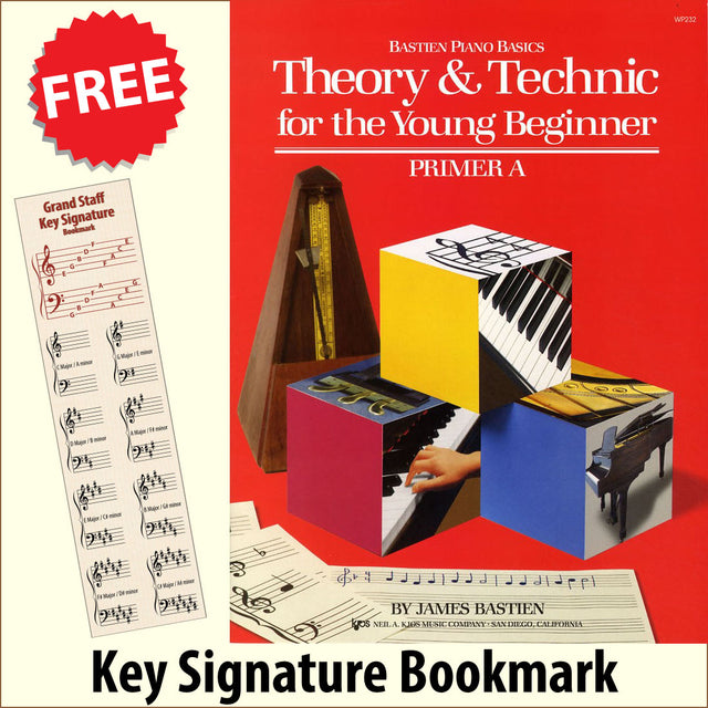 front cover of Bastien Piano Basics Theory & Technique for the Young Beginner Primer A together with free Piano Clef bookmark