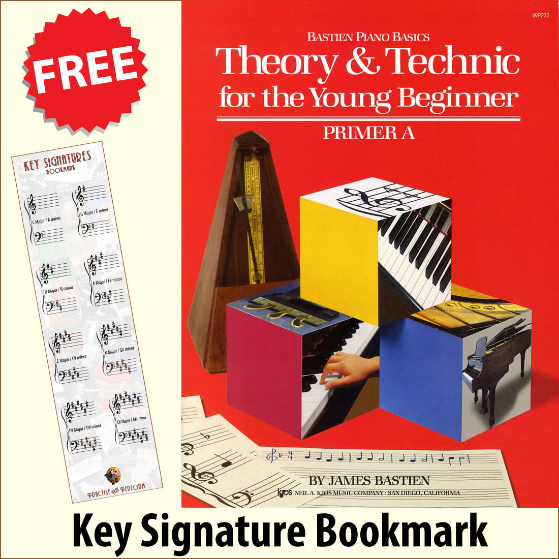 front cover of Bastien Piano Basics Theory & Technique for the Young Beginner Primer A together with free Piano Clef bookmark