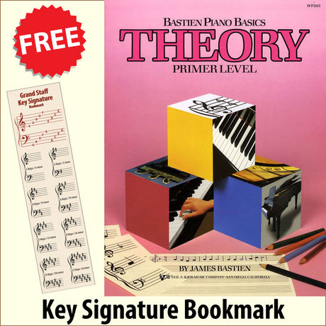front cover of Bastien Piano Basics Theory Primer Level together with free Piano Clef bookmark