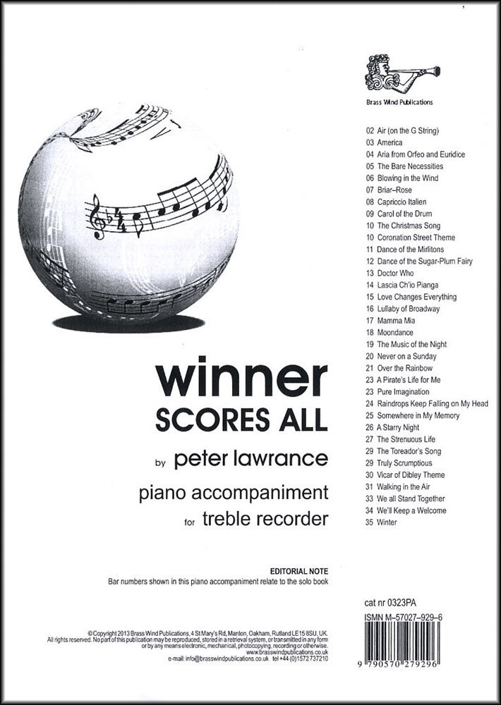 front cover of Winner Scores All Piano Accompaniment for Treble Recorder