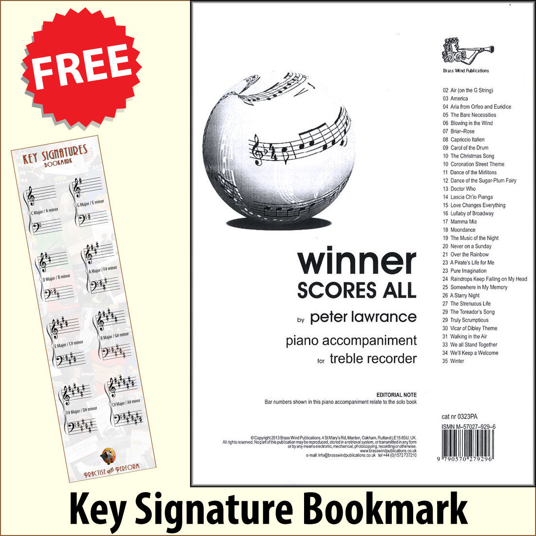 front cover of Winner Scores All Piano Accompaniment for Treble Recorder together with free Piano Clef bookmark