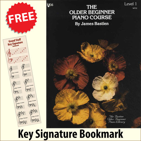 front cover of The Older Beginner Piano Course Level 1 together with free Piano Clef bookmark