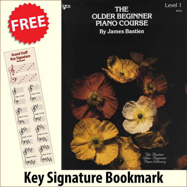 front cover of The Older Beginner Piano Course Level 1 together with free Piano Clef bookmark
