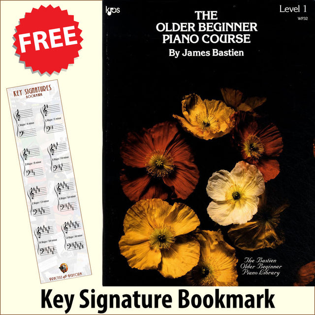 front cover of The Older Beginner Piano Course Level 1 together with free Piano Clef bookmark