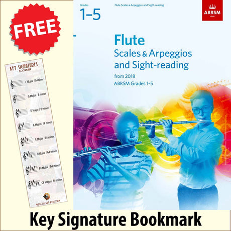 front cover of ABRSM Flute Scales Arpeggios Sight Reading Grades 1-5 together with free Treble Clef bookmark