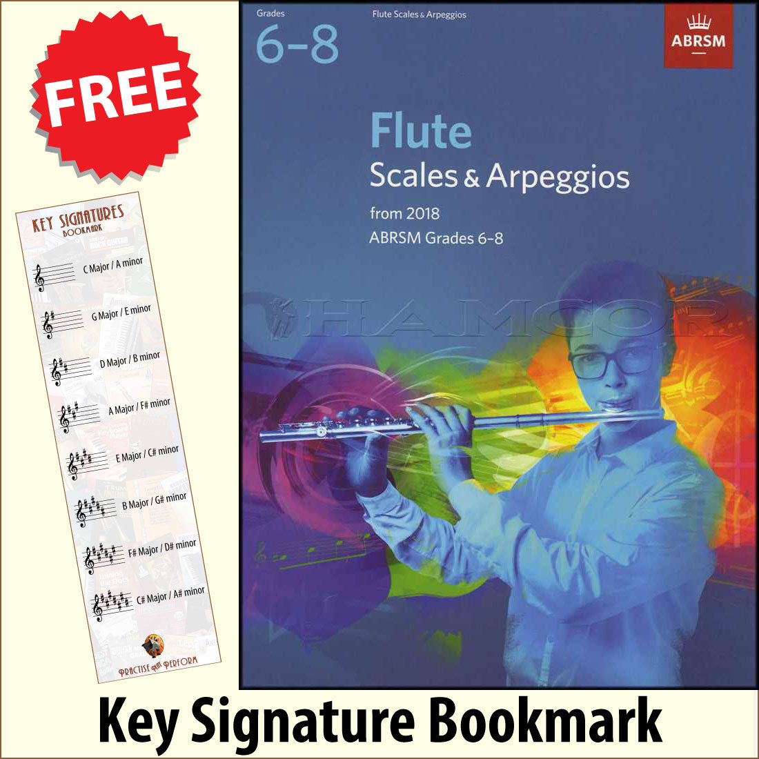 front cover of ABRSM Flute Scales & Arpeggios Grades 6-8 together with free Treble Clef bookmark