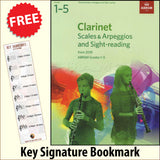 front cover of ABRSM Clarinet Scales Arpeggios Sight-Reading Grades 1-5 together with free Treble Clef bookmark