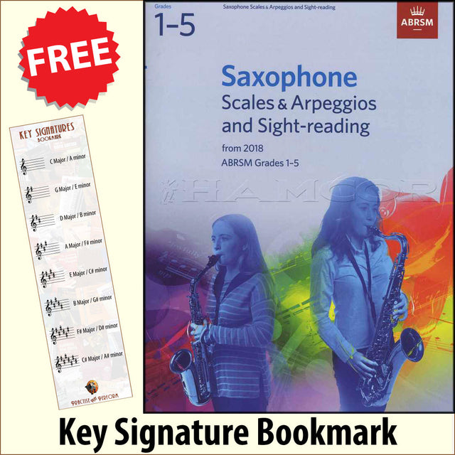 front cover of ABRSM Saxophone Scales Arpeggios Sight Reading Grades 1-5 together with free Treble Clef bookmark