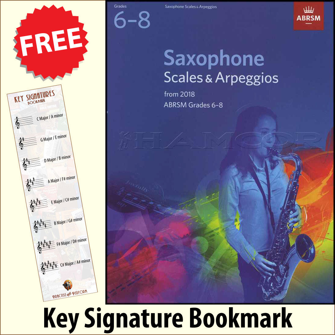 front cover of ABRSM Saxophone Scales & Arpeggios Grades 6-8 together with free Treble Clef bookmark