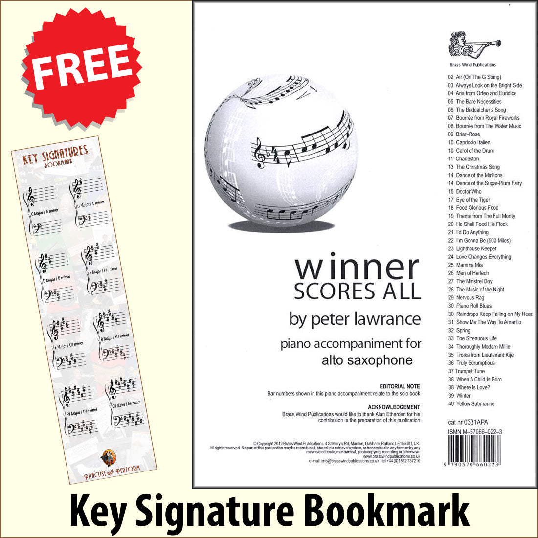 front cover of Winner Scores All Piano Accompaniment for Alto Saxophone together with free Piano Clef bookmark
