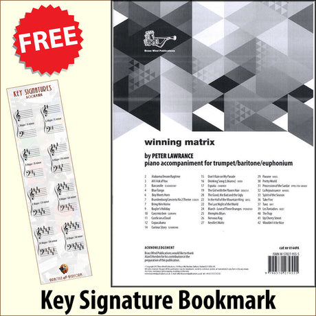 front cover of Winning Matrix Piano Accompaniment for Trumpet together with free Piano Clef bookmark