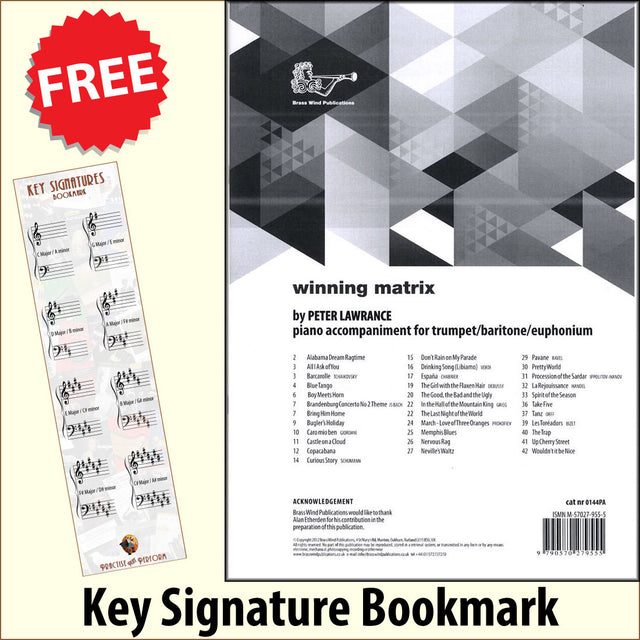 front cover of Winning Matrix Piano Accompaniment for Trumpet together with free Piano Clef bookmark