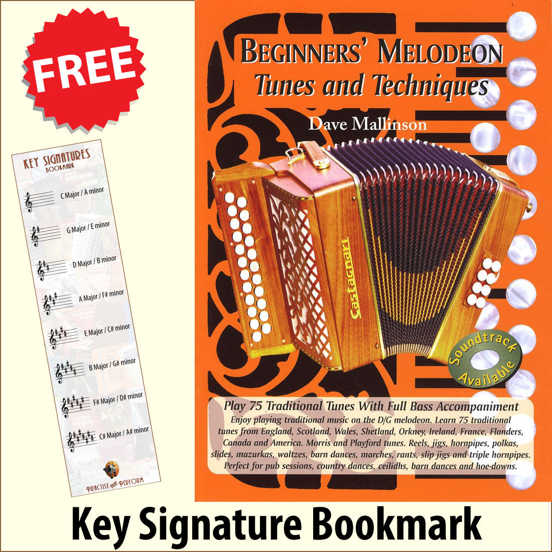 front cover of Beginners Melodeon Tunes & Techniques together with free Treble Clef bookmark