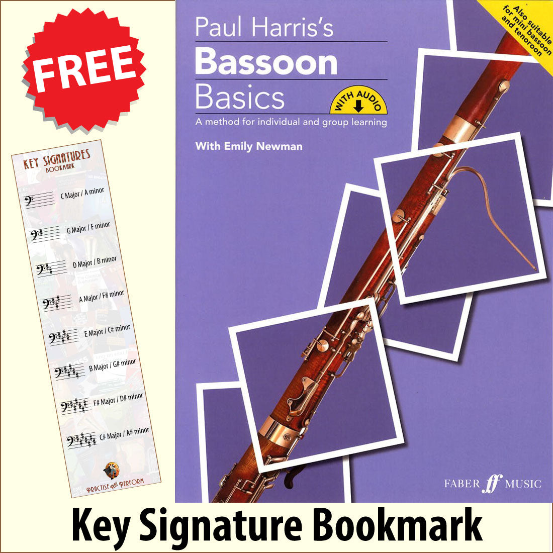 front cover of Paul Harris's Bassoon Basics together with free Bass Glef bookmark