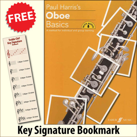 front cover of Paul Harris's Oboe Basics together with free Treble Clef bookmark