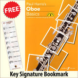 front cover of Paul Harris's Oboe Basics together with free Treble Clef bookmark