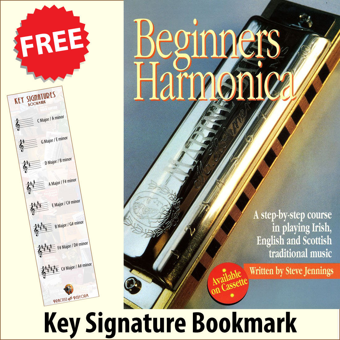 front cover of Beginners Harmonica by Steve Jennings together with free Treble Clef bookmark